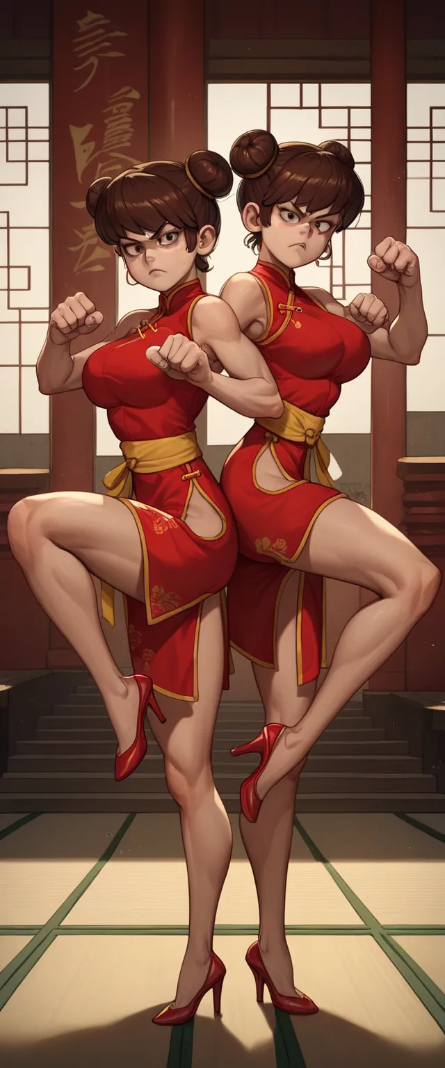 Lynn Loud, 2girls, duo, 24yo girl, large breasts, red cheongsam, inside of a chinese temple, looking at viewer, brown hair, two hair buns, hands score_9, score_8_up, score_7_up,high heels, teep fighting stance,martial arts, twins