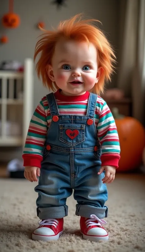 Ultra-realistic, 8K image of an adorable baby dressed as Chucky from s Play, wearing a tiny striped shirt, denim overalls, and small red sneakers. The baby’s hair is styled to look messy and ginger, just like the character. The expression on the baby’s fac...