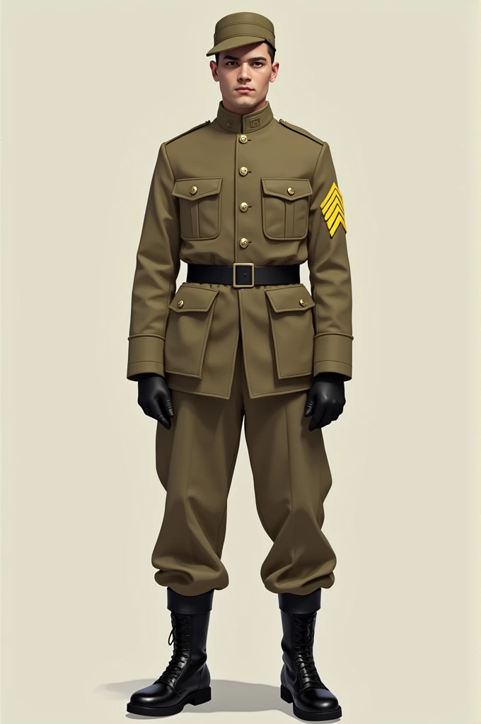  A soldier wearing a plain plain light brown uniform with no pockets, with a black belt,  black boots , But sleeves yellow arrow face up .