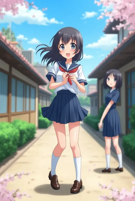 Anime high school girl in japanese school dress, eager girl likes to help her friend get what she wants