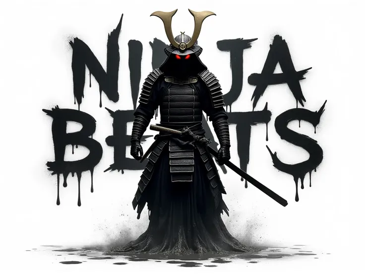 A dark, melting samurai with glowing red eyes stands against a pure white background. His fierce gaze is unwavering as his body and armor ooze downward, thick, shadowy streams dripping off him. Behind him, in bold, stylized text, the words "Ninja Beats" ap...