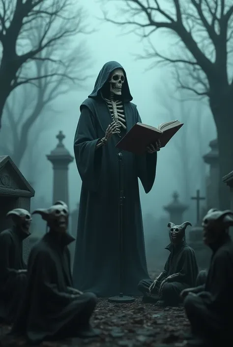 Skeleton standing in the middle of a dark and gloomy cemetery, holding a book in his hands, speaking into a microphone. Several ren are sitting around him listening to him.