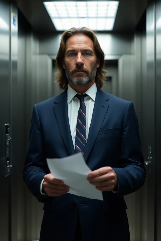 close up of a middle aged man with long hair dressed for a job interview standing in a building elevator holding a piece of paper, highest definition, highest detail, highest quality 