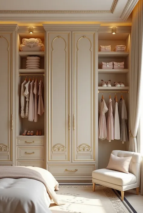 Closet for twins , Neutral tones,  delicate decoration in gold and royal fairytale style