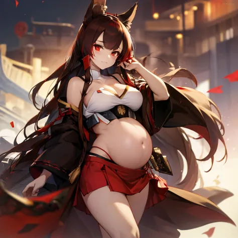 best quality, high details, masterpiece, akagi (azur lane), foxgirl, 9 tail, long hair, brown hair, red eyes, makeup on eyes,bro...