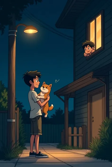 night、A simple illustration of a young man picking up a Shiba Inu outside and showing it to a boy looking out from the 2nd floor 、2階から顔を出す男の子に見せる若い男性のシンプルなイラスト