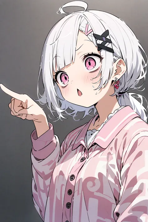 High image quality
 Female College 1,  Pink Eyes ,   White Hair、 shortcut,   low ponytail 、   earrings for one woman,  Ahoge,   asymmetrical bang ,  x-shaped hair ornament,   dark circles under eyes、 black tights、whole body、vigil、Background white、front、Mes...