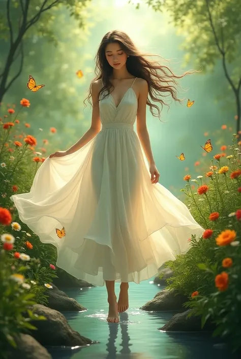 A beautiful young girl in a lush, verdant garden, wearing a flowing white dress, with long, flowing hair and a serene, dreamy expression. She is surrounded by vibrant flowers, butterflies, and a tranquil stream, creating a whimsical, enchanting scene. The ...