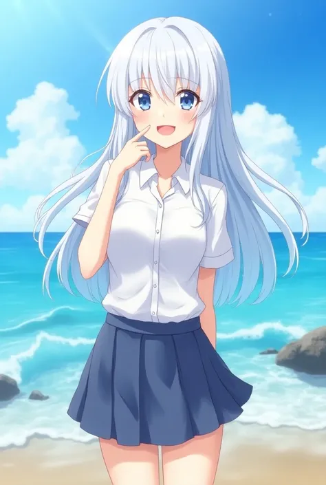 White hair, blue eyes, long hair,Anime style, Japanese girl, schoolgirl,seaside background,smile,big breasts 