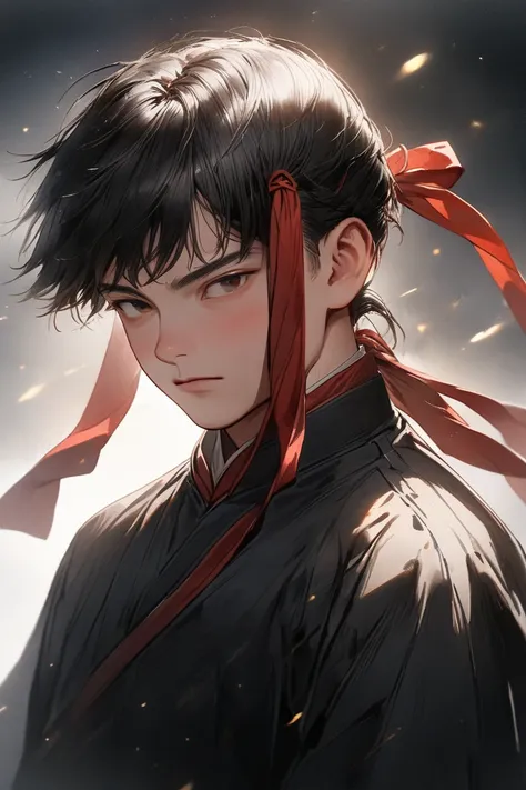  masterpiece ,  style better quality, ( best illustration), ( better shade),  realistic lighting , detailed shine, ((21 years old)), man,  short black hair ,  red kung fu practitioners clothing with black strips on the edges of the sleeves and neck, At the...