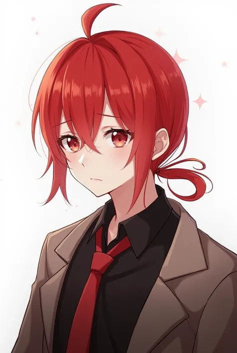 masterpiece, Best Quality, long ago (
Masterpiece ),  One Boy , male focus, Red Hair, red eyes, Long Hair, Alone,  simple background, White background, Hair between the eyebrows, bangs,  closed mouth,  ponytails, Sparkle,  Viewers,  antenna hair, Shoulder ...