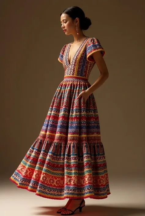 Generate an image of a dress for women inspired by the Chicahuales of Aguascalientes looking forward 