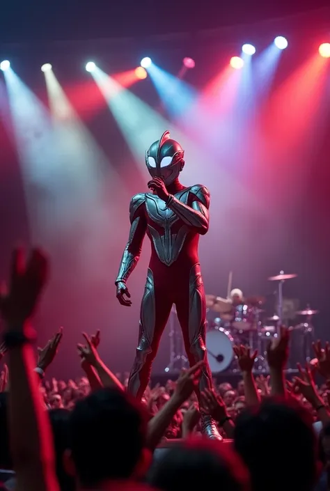 Ultraman stands on a concert stage with microphone in hand, wearing his iconic costume. Colorful spotlights shine on her shining body, while the background is full of enthusiastic onlookers. Ultraman is singing a rock song passionately, his iconic hair loo...