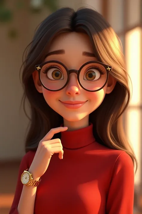 A Pixar-style woman, realistic, young beautiful, detailed features, honey-colored expressive eyes, brown glasses, straight hair with a hairstyle, a fringe on the side, dressed in a red turtleneck blouse, she wears a gold watch, her face expresses joy.