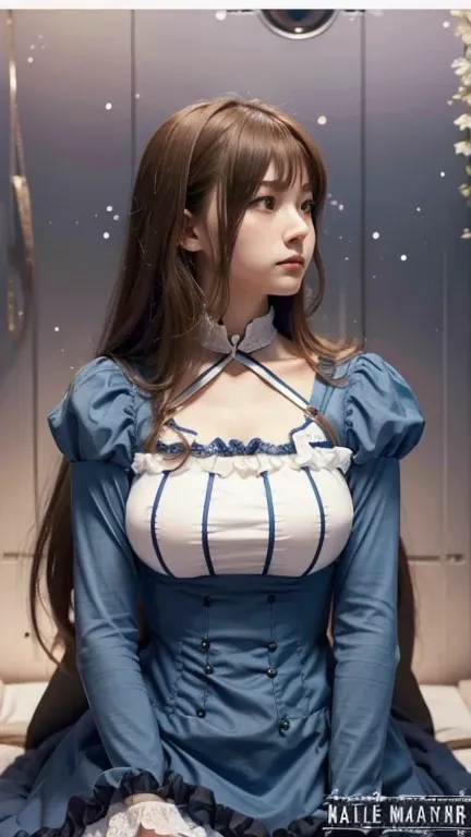 a  woman in a blue dress with, female character,  visual of a young woman, marin kitagawa fanart, wistful bosom, maids riding early tanks,  style like fate/stay night, loli in dress,  girl in a maid costume, beatrice blue, 