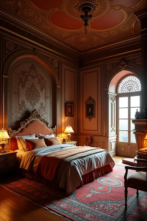  Create a room in the style of the series "The Sultan "  neither that big nor that small , with fireplace and a queen-size bed  (don&#39;t exaggerate)