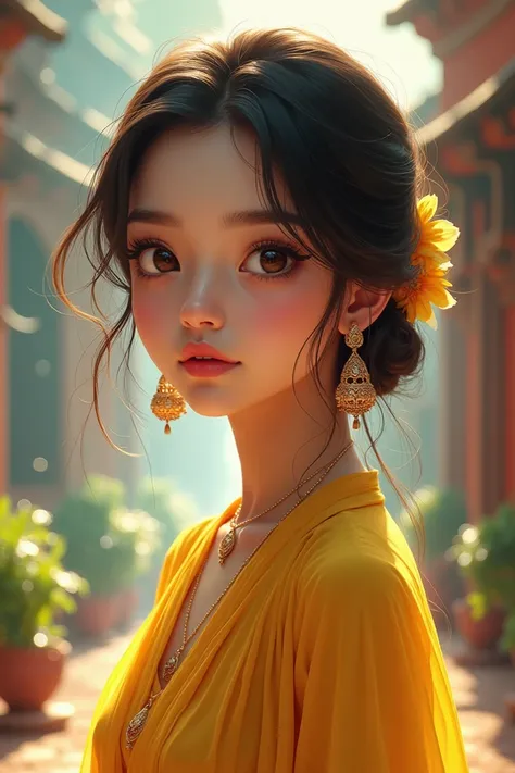 A beautiful indian girl were yellow kurti anime tipe korian face 