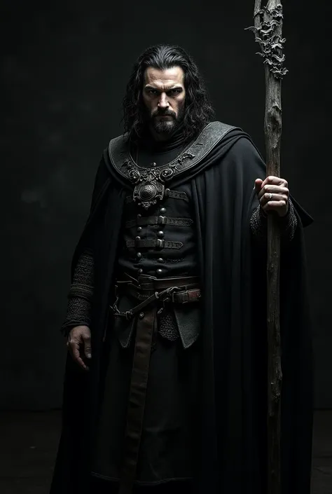  black background ,  Warrior person , Face of Vlad III ,  with a black cape that fades and turns the fabric into bats,  with a stake in his right hand , 420x600 image size