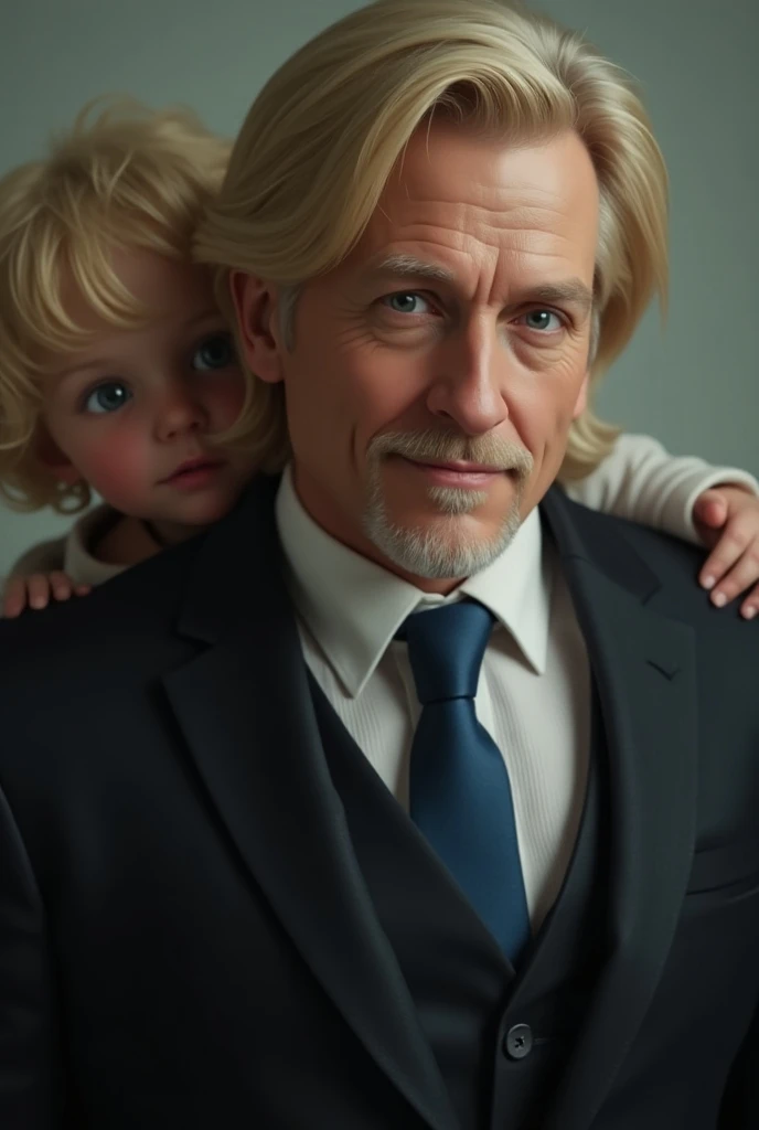 A middle aged man, He has blond hair and goatee ,  his eyes are blue and he has a pale skin tone . Hes wearing a black suit and a blue tie, He has his hand resting on the hair of a small blond  on his back.