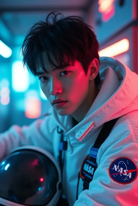 cyberpunk vision, 1young man, black short hair, handsome detailed eyes, handsome detailed lips, extremely detailed face and features, young man in white nasa space jacket, young man holding space helmet, futuristic spaceship background, neon lights, glowin...