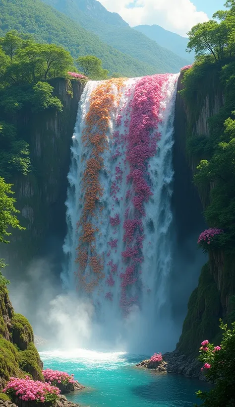  On a high hill , , there is a stunning view of a stunning waterfall of flowers . This waterfall flows many colorful flowers,  but is also decorated with thousands of colorful petals that fall gently,  as if nature dancing celebrating the beauty of life . ...