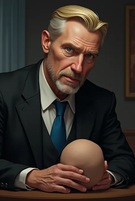 A middle aged man, He has blond hair and goatee ,  his eyes are blue and he has a pale skin tone . Hes wearing a black suit and a blue tie, He has his hand resting on the hair of a small  on his back.