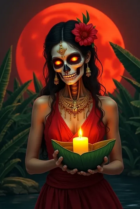 Image of a woman with a skeletal face and glowing red eyes, adorned with elaborate gold jewelry and red flowers in her hair. She wears a red Thai dress and holds a lit yellow candle in a green krathong. The background features a red full moon, a river and ...