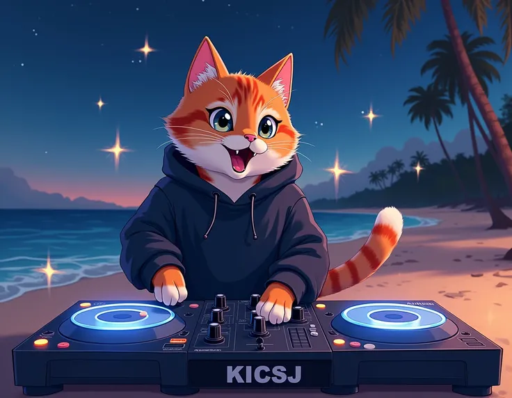 (anime style) - cat with black sweatshirt, playing a CDJ, in the background a beach at night, with arms and stars