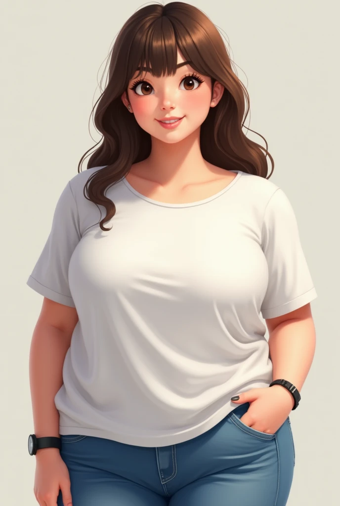 A 15-year-old fat woman with a white blouse ,  jeans, collar,  wristwatch and brown hair with bangs and wide hips