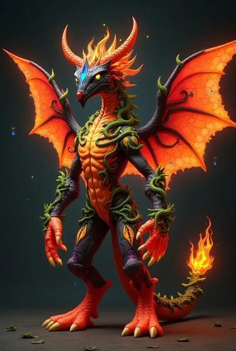 Create a hybrid creature called Flamevine Argodramon. It has a slender, muscular body with glowing orange skin resembling flames. Its body is covered in patterns of dark green vines and thorns, which blend in with the fire and seem to grow organically. The...