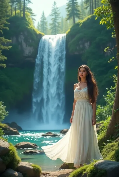 beautiful waterfall ,  a beautiful woman in white dress smiling, long haired, pine trees and lush forest 