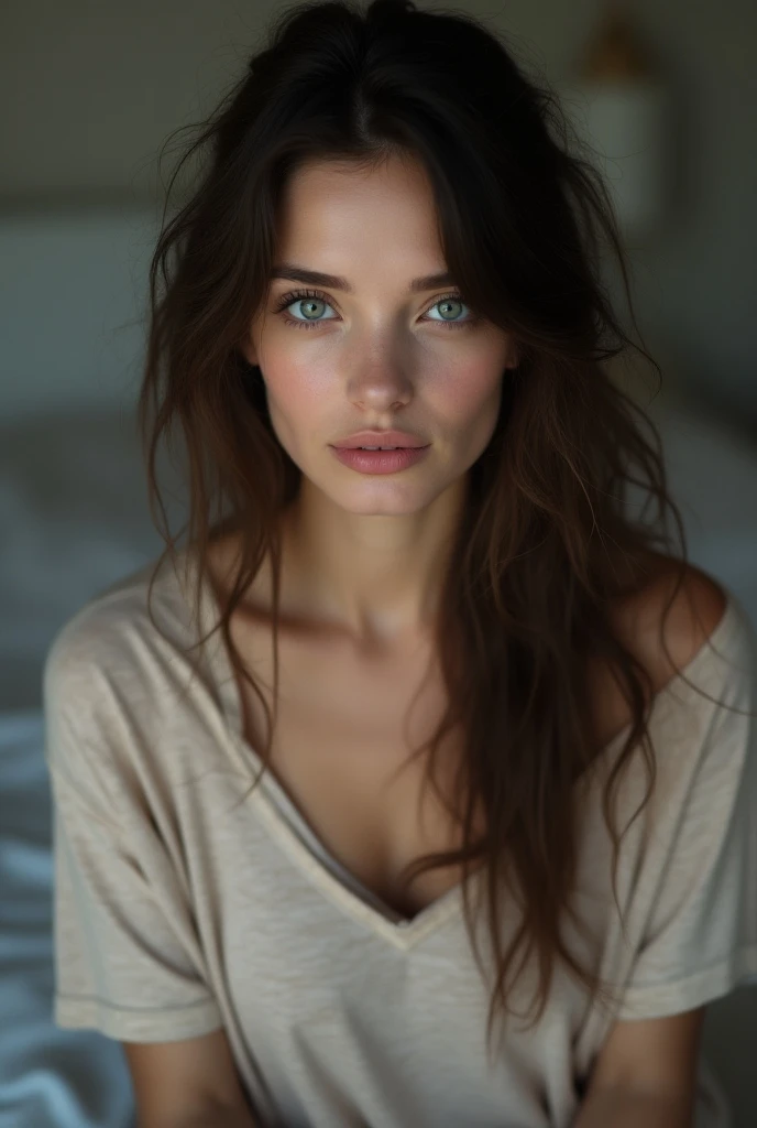 woman wearing a ((oversized t-shirt)), , messy hair, brunette hair, gray blue eyes, long hair, hyper realistic, 4k, medium breasts, masterpiece, beautiful, facing the viewer, headshot, cleavage, pale skin, fair skin, ((nasolabial folds)), skin colored lips...