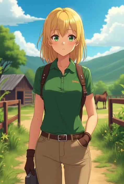  a 20-year-old adult girl with a fairly dark complexion, medium length blonde hair and green eyes,  wears a green riding polo shirt ,  light brown riding pants and riding boots , Background a ranch with horses , In stile anime