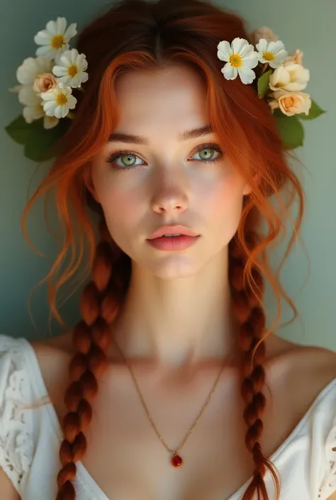  Photo realism of a young and beautiful woman,  green eyes,  long hair , slightly braided redhead ,  with tiny flowers on his head , dressed in white, Casual clothing. 