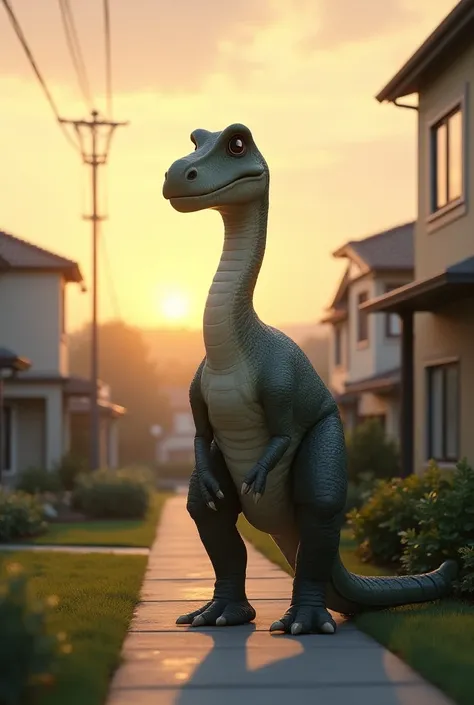 A peaceful suburban neighborhood at dusk, with a dinosaur (such as a gentle herbivore) looking at a row of modern houses. The scene is surreal and tranquil, showcasing how dinosaurs would interact with quiet residential areas. The dinosaur gazes curiously ...