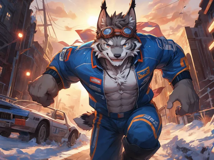 (gray fur:1.3), lynx, (young:1.3), shota, dawn, human nature, male, Solitary, ((Muscular body, Bara, Handsome)), Muscular body, (high quality, high resolution, masterpiece), (Dynamic Lighting, Vibrant colors), (Generous smile), cartoon, by zixiong, By Chun...