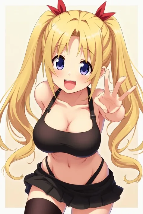 Blond hair, long hair, twin tail hairstyle, lewd, naughty, ahegao, mouth wide open, tongue out, crop top, mini skirt, stockings