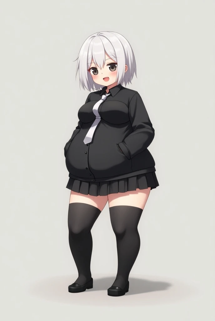 Create a cheerful anime girl with black eyes with short white hair and with a black office shirt with a short black skirt with a tie with black wool socks that cover half of her thighs and with big breasts her thighs a little thicker thighs 