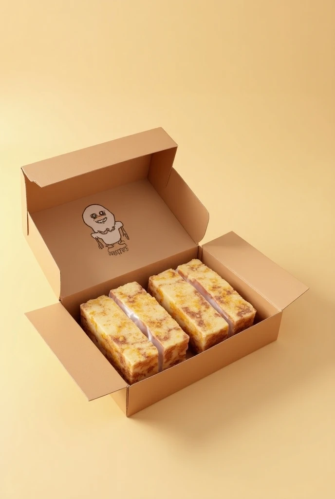 Generate an open cardboard box with 6 pieces of marbled brown cake with beige color cut into rectangles wrapped in visible plastic and that on the inside cover of the box say GARBASWEET with a happy chickpea 