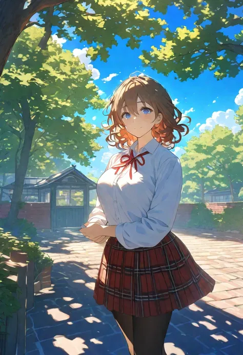 Nsfw, Masterpiece, hdr, bloom, 4k, Anime-style illustration featuring a beautiful female student, medium hair of warm brown, styled with bob messy hair, hair between eyes, she has a gentle, soft expression with large, slightly downturned eyes, giving her a...