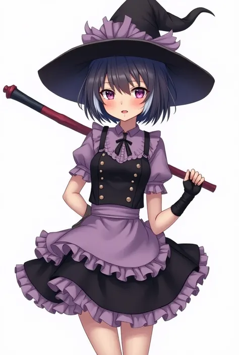  Best quality , masterpiece, highres, Alone, (Erisu _Black file :1.10), 1 girl, Witch costume short like a short girl in black and purple black, delantal con volantes, maid apron, Witchs headdress ,  official witch costume , pelo corto negro con white,  bu...