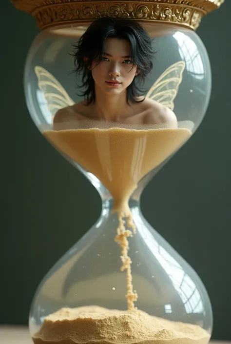 Young man handsome face soft white Caucasian features blue eyes long black hair well-defined body fairy wings his skin is made of porcelain He is inside an hourglass make the sand cover his feet 