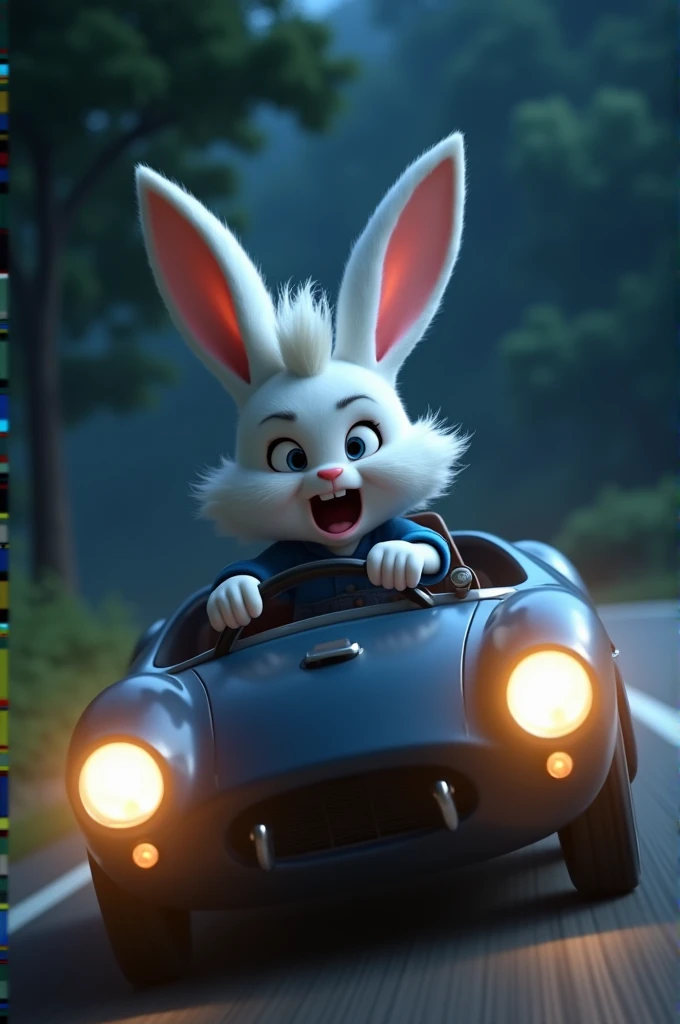 His car sped up in fear."
Prompt: Bunny sped up in fear. His fists clenched on the steering wheel. The car sped up on a winding road. Its headlights flickered in the darkness, and the atmosphere outside became even more scary. A 3d pixar style cute white b...