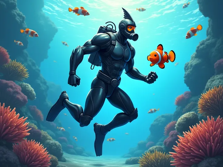 Clownfish with a super hero who has a helmet with a fish fin on the top,  and wears a diving suit that has fish fins on his arms and legs 