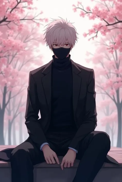 Create a male anime character sitting facing forward and wearing a black mask with a background of sakura trees