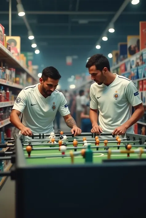 bahut badi barabar shop me Ronaldo messi ki hai kating kar raha ho bahut badi kechi se Ronaldo aur messi white football jersey me ho Ronaldo small kar raha ho 