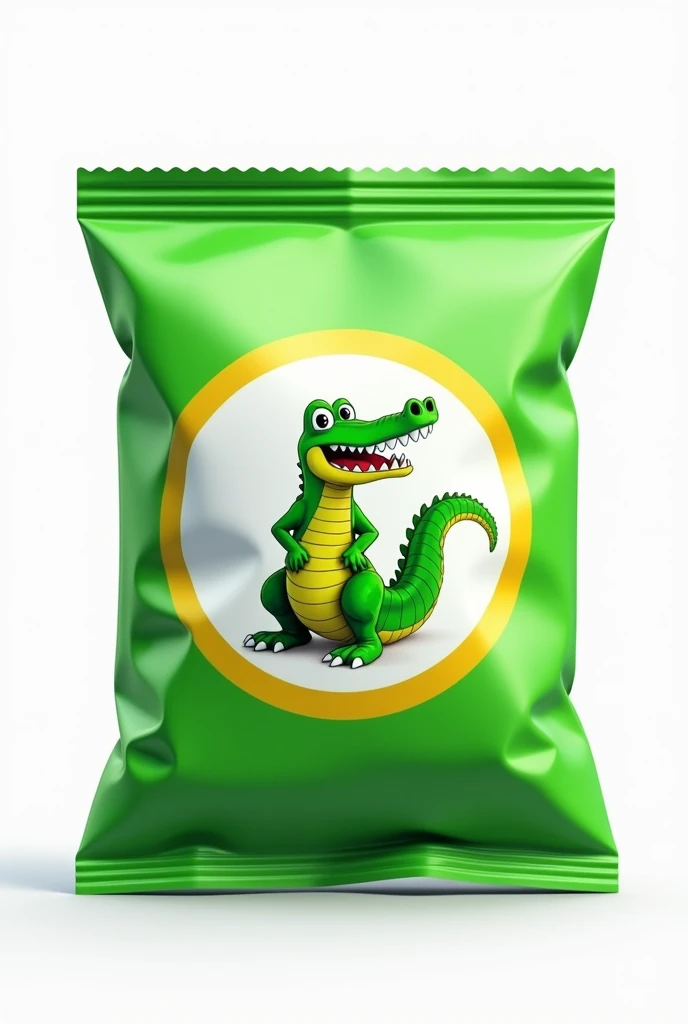  On a white background it generates a very striking green snack bag that in the center, inside a white circle with yellow edges which contains an animated crocodile , It has the name  "Jungle Energy " in Spanish. 