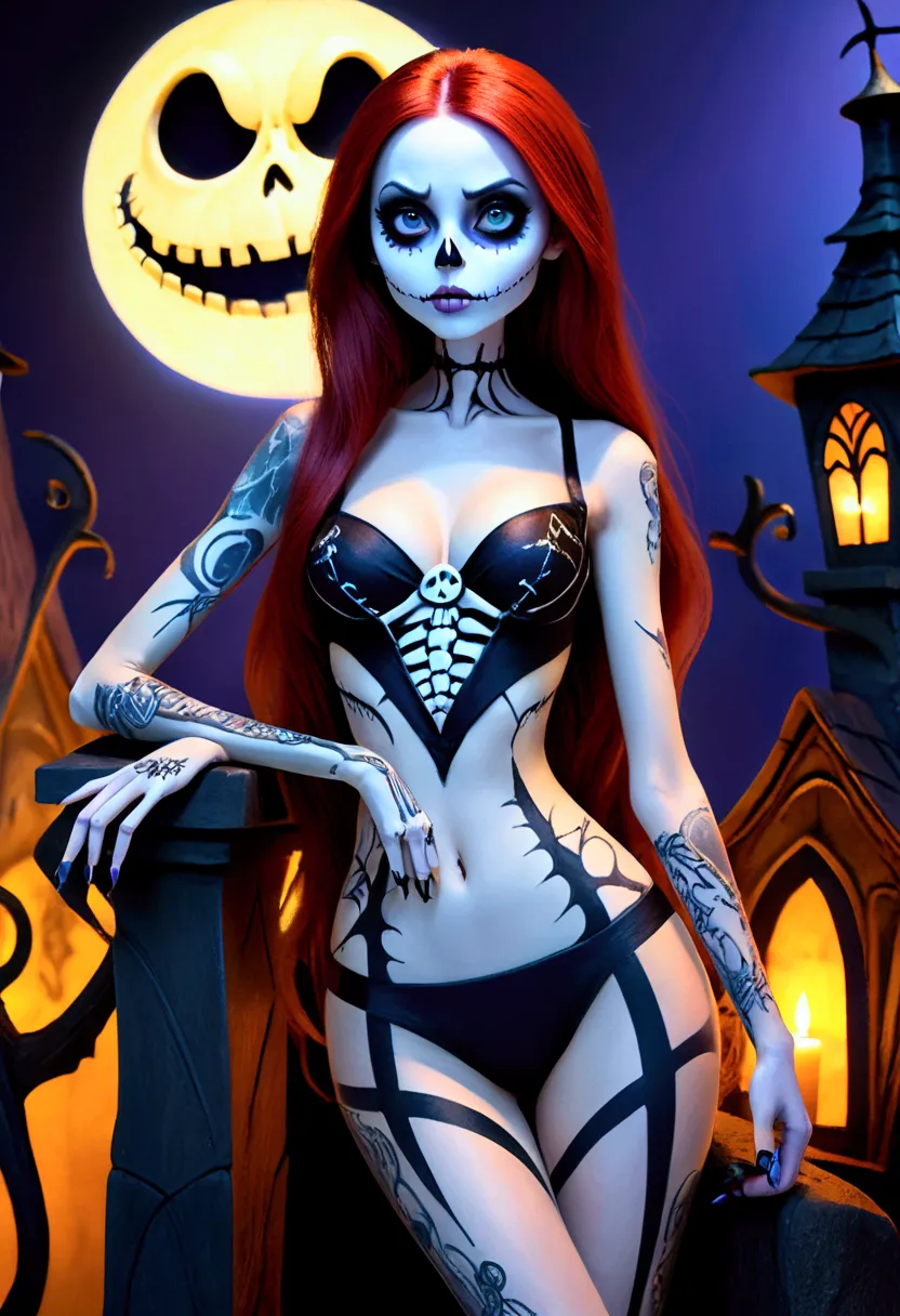 Create a hyper detailed photograph of a nightmare before Christmas tattooed young sexy stunning gorgeous sally Skellington, Stunningly perfect gorgeous face, perfect makeup,detailed vibrant eyes, long hair,detailed perfect beautiful legs, detailed perfect ...