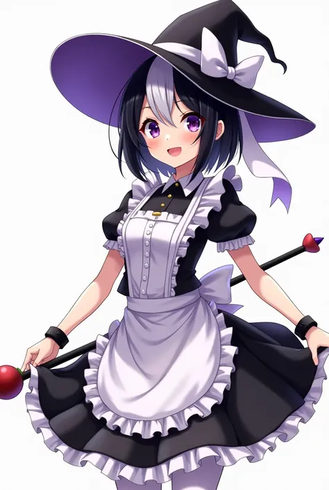  Best quality , masterpiece, highres, Alone, (Erisu _Black file :1.10), 1 girl, Witch costume short like a short girl in black and purple black, delantal con volantes, maid apron, Witchs headdress ,  official witch costume , pelo corto negro con white,  bu...