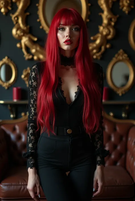 woman in an indoor environment ,  probably her room .  She wears a black outfit with sleeves with lace details She wears tight pants and high platform boots that add a dramatic touch to her outfit. Her hair is long and straight, red in color , with a front...